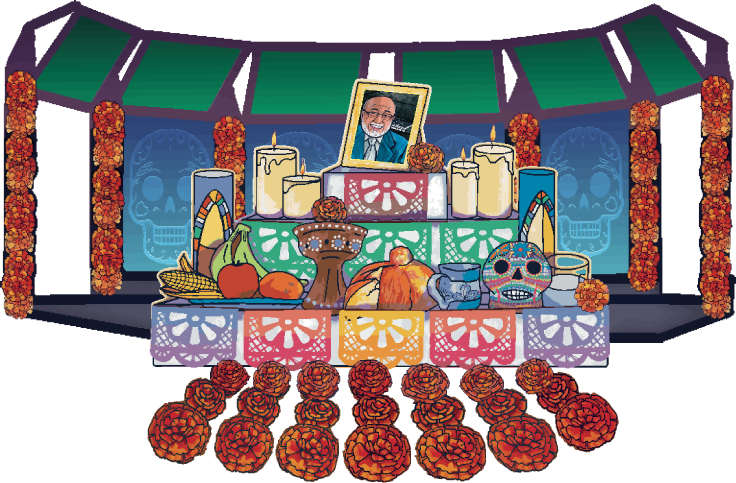 Illustrated altar with photo of Eddie Palmieri, candles, papel picado, food offerings and cempasuchil in front of the yerba buena gardens stage